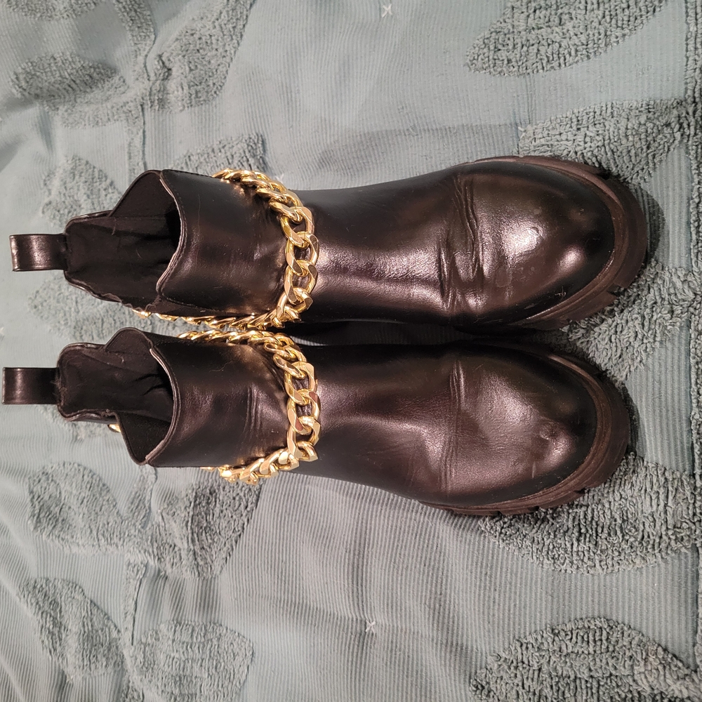 Black Leather Boots with Gold Chain